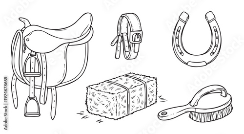 Outline drawing of equestrian equipment including saddle, horseshoe, hay bale, and grooming brush, ideal for horseback riding themed projects and farm related content