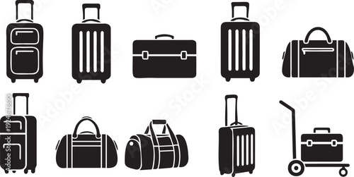 Travel luggage and bags glyph icon collection. Includes suitcases, duffel bags, briefcases, and a luggage cart. Created in solid black style with a monochrome palette.