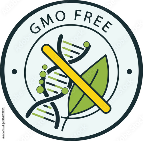 GMO Free round vector badge with crossed out DNA helix and green leaf icon