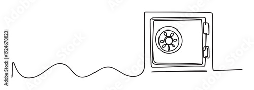 A single continuous line drawing of a secure strongbox with a combination dial and door handle, perfect for illustrating financial safety, secure assets, and investment protection in