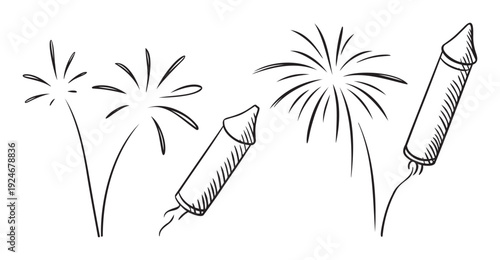 Hand drawn black and white fireworks and firecrackers exploding in celebration, perfect for festive holiday greetings, party invitations, and special event decorations.