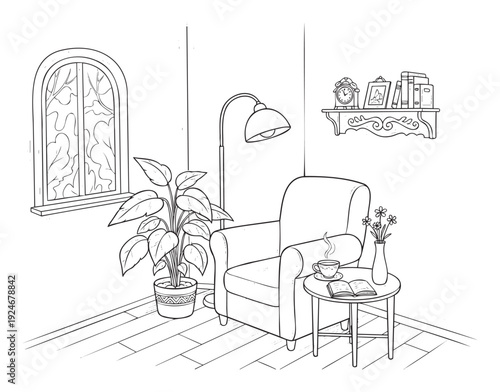 Relaxing home corner with an armchair, floor lamp, potted plant, and a table holding a steaming cup of tea and an open book, perfect for depicting serene domestic life.