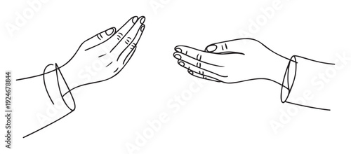 Simple line drawing of two open hands extended towards each other symbolizing giving, receiving, or communication, ideal for educational materials and minimalist user interfaces