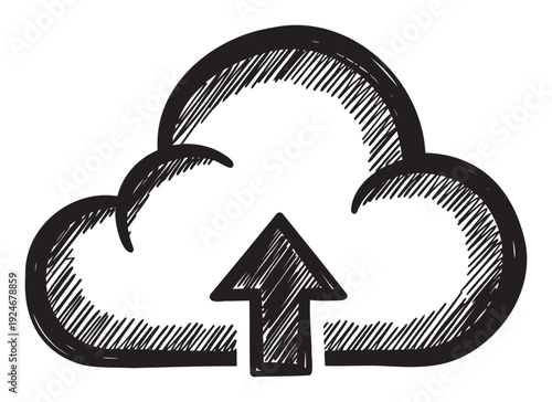 Cloud storage upload icon with a handdrawn sketchy appearance symbolizing data transfer to a remote server for digital applications and technology interfaces