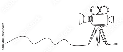 Single line drawing depicting a classic movie camera with film reels on a tripod, perfect for film industry promotions, cinema events, or video production company branding assets