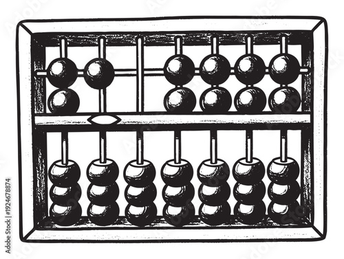 An illustrative abacus, handdrawn in a textured black and white style, serving as a historical counting device for educational resources, mathematical concepts, or traditional finance