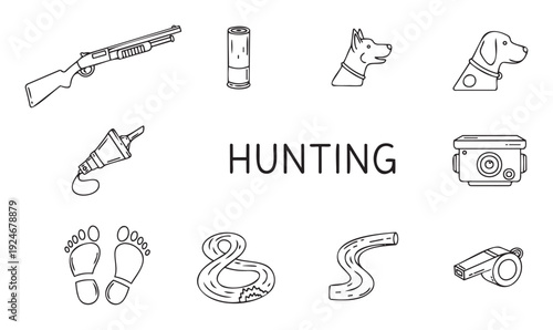 A versatile collection of outline icons depicting hunting essentials like a shotgun, ammunition, dog, whistle, camera, and footprints, useful for outdoor activity and wilderness exploration