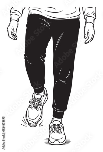 Dynamic black and white line drawing of a person in active wear and sneakers taking a step forward, perfect for sports and fitness themed marketing materials and health related publications.