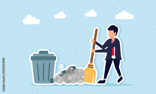 Businessman Cleaning Broken Light Bulbs Near Trash Bin Illustration of Failed Business Idea and Innovation Concept