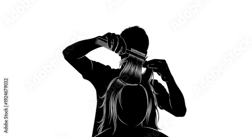 Black silhouette of a woman putting on a headband from behind
