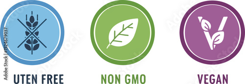 Food dietary labels vector icon collection. Includes gluten-free, non-GMO, and vegan symbols. Created in flat colored style with blue, green, and purple palette.