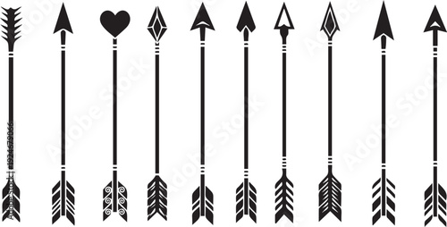 Black arrow vector icon collection. Includes various arrowheads and fletching designs such as heart, tribal, and geometric shapes. Created in solid black silhouette style.