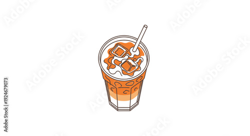 Refreshing Iced Thai Tea in a Tall Glass with Ice Cubes and Straw, Minimalist Line Art