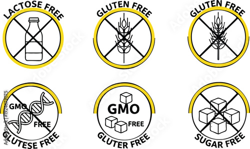 Food allergen and dietary restriction vector icon set. Includes lactose-free, gluten-free, GMO-free, and sugar-free symbols. Created in outlined style with yellow and black palette.