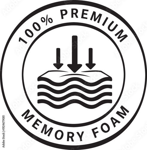 100% Premium Memory Foam vector icon with three downward arrows pressing on a wavy surface, enclosed in a black circular border
