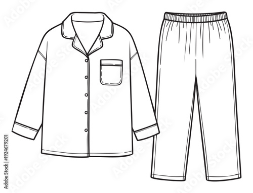 Comfortable and stylish twopiece pajama set featuring a longsleeved top with buttons and matching elastic waist pants perfect for sleepwear catalogs and loungewear apparel designs