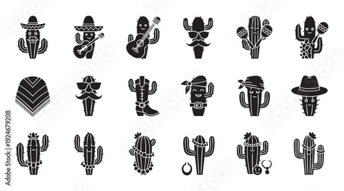 Collection of anthropomorphic cacti icons depicting various characters with Mexican cultural elements and accessories, perfect for various graphic projects and themed events