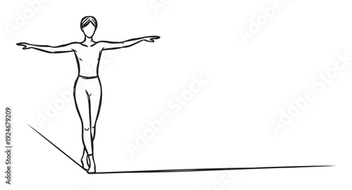 Stylized line drawing of a person balancing on a tightrope with outstretched arms, conveying focus, stability, and graceful skill for various health or performance projects.