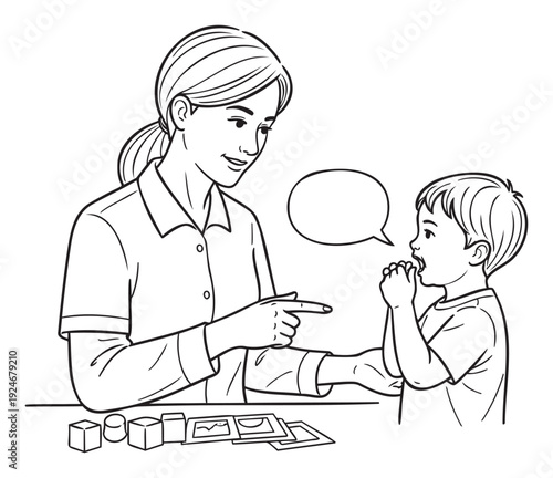 Caring female speech therapist teaching a young boy with speech difficulties using educational tools on a table, perfect for child development and communication therapy resources