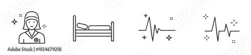 Medical care and wellness themed graphic elements including a nurse avatar, a hospital patient bed, and vital signs heartbeat electrocardiogram lines for health education applications