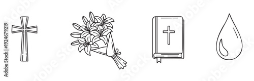 A collection of solemn religious symbols including a cross, lilies, a Bible, and a teardrop, perfect for projects related to funerals, memorial services, or spiritual guidance