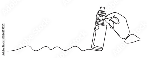 Continuous line drawing of a human hand holding a modern electronic vape device, illustrating contemporary habits and lifestyle choices for health awareness campaigns and consumer product