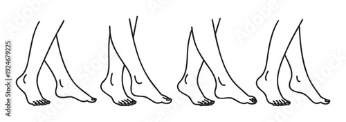 Stylized outline drawings of female legs and bare feet in various crossed positions ideal for concepts related to elegant movement, spa, wellness, or body care services