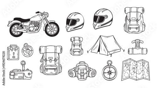 Adventure travel accessories collection including motorcycle, full face helmets, camping tent, backpack, compass, map, and camera for outdoor journey concept