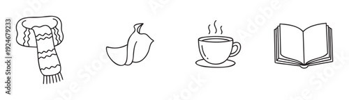 Simple black and white line icons representing comfort items like a winter scarf, a banana peel, a steaming cup of coffee, and an open book, ideal for seasonal and everyday graphics.