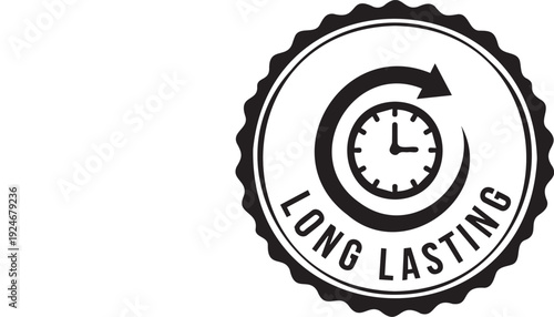 Long Lasting black and white vector badge with clock and arrow icon