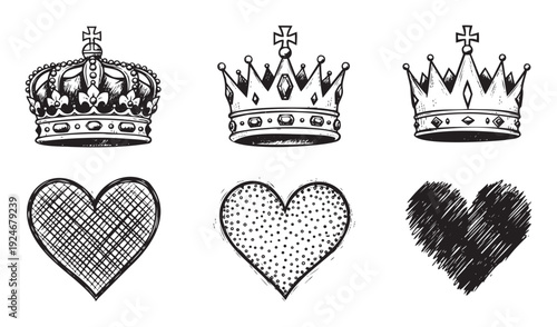 Handdrawn royal crowns and decorative hearts in various graphic styles, perfect for symbolic emblems, romantic themes, printable crafts, or engaging visual merchandise.