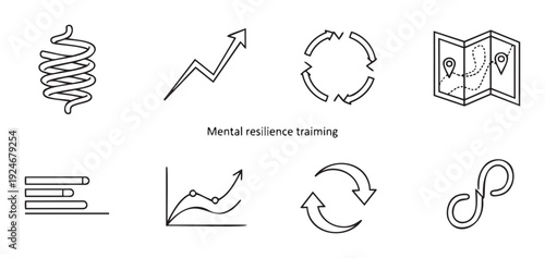 Collection of mental resilience training icons depicting concepts like growth, adaptability, progress, and continuous improvement for health and wellness presentations