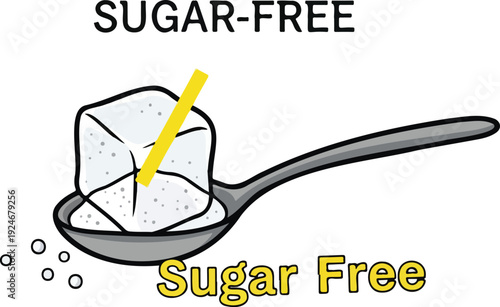 Sugar-free concept vector illustration with spoon, sugar cube, and yellow straw