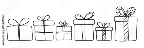 Set of various outlined present boxes with festive bows ideal for seasonal holidays, special occasions, and party invitations.