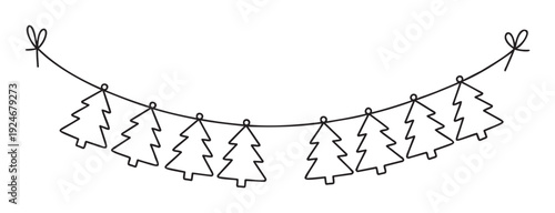 Simple black line drawing of Christmas trees hanging on a string with bows, perfect for festive winter holiday events and seasonal celebration branding.