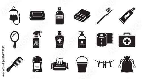 Collection of essential hygiene, health, and household items depicted as black silhouette vector icons, perfect for web, mobile applications, and graphic design projects