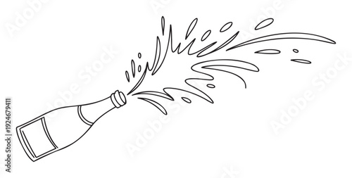 A vibrant black line drawing of a champagne bottle erupting with sparkling liquid, ideal for representing celebration, excitement, and festive events in advertising, invitations, or