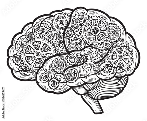 Detailed black and white drawing of a human brain constructed from intricate gears and interlocking cogs, representing intellect, engineering, and innovative thinking for science,
