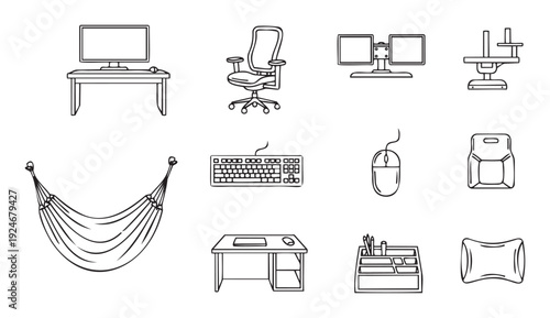 Modern remote work home office essentials and comfort accessories featuring computer monitors, ergonomic chairs, desks, keyboards, mouse, and relaxation items graphics.