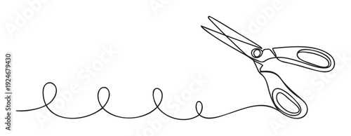 Simple line drawing of open scissors with a continuous wavy thread representing sewing or crafting activities, perfect for textilerelated projects or DIY inspiration