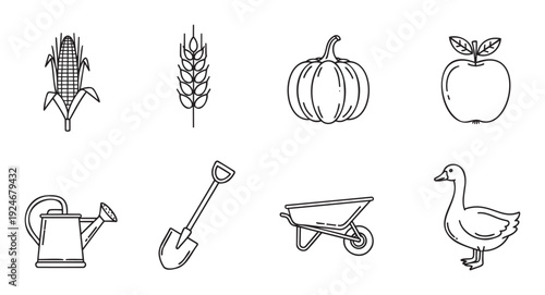 Explore a diverse collection of essential farming and gardening icons featuring various crops, useful tools, and a farm animal, perfect for agricultural graphics and educational resources
