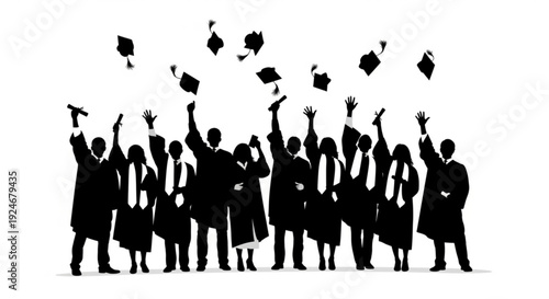 Black silhouette of graduates throwing caps in the air