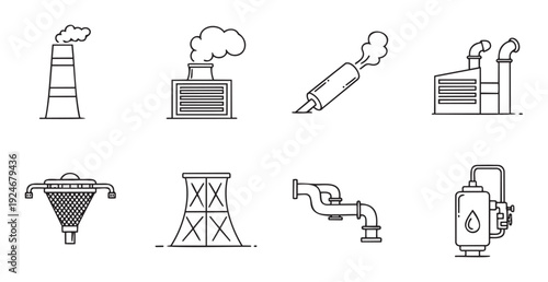 Modern outline style collection of industrial and environmental icons featuring factory smokestacks, exhaust pipes, cooling towers, and processing equipment for manufacturing and energy
