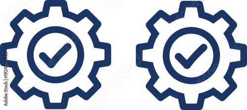 Two dark blue gear with checkmarks tick approved