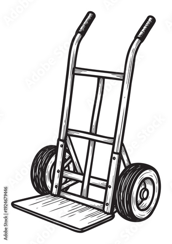 Durable hand truck in a traditional woodcut style, ideal for illustrating shipping, warehouse operations, and material handling solutions