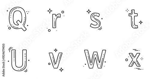 Playful handdrawn alphabet letters Q r S t U V W X with sparkle and dot accents perfect for educational materials, cute graphic projects, and decorative typography
