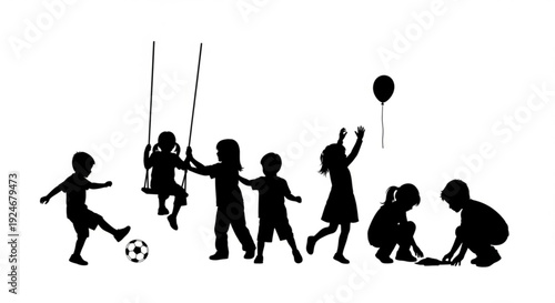 Black silhouettes of children playing outside on a sunny day