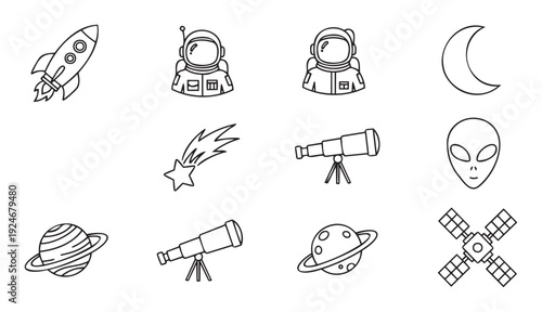 Collection of outline icons representing various space exploration elements including rockets astronauts planets and telescopes ideal for educational content or digital interfaces