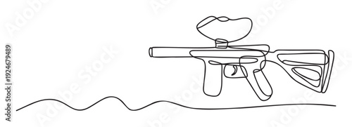 Sleek one continuous line drawing of a paintball weapon, suitable for marketing materials, online gaming platforms, or extreme sport event invitations.
