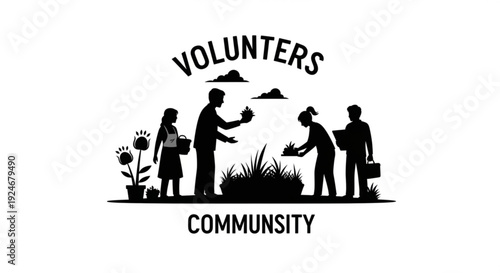 Black silhouette volunteers community logo with people and plants